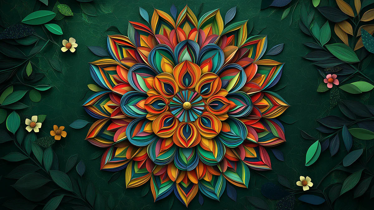 Vibrant Mandala Botanical Mural Wallpaper — Deep Green Backdrop Mural Wallpaper - room preview 02