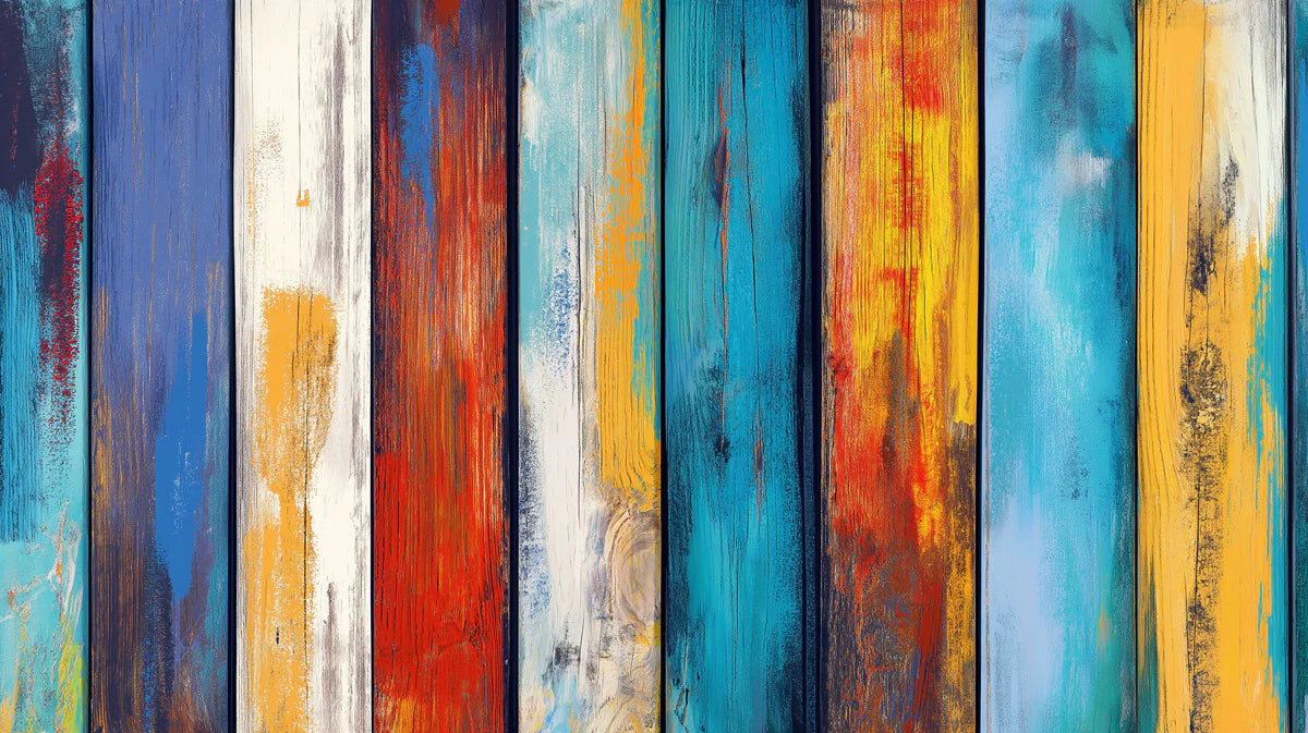 Rustic Painted Plank Mural Wallpaper — Colorful Distressed Wood Mural Wallpaper - room preview 02