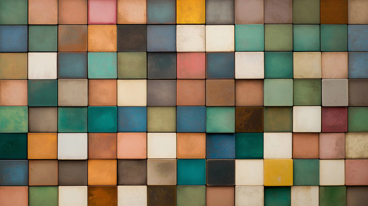 Mosaic Block Mural Wallpaper — Multicolored Earthy Grid Mural Wallpaper - room preview 02