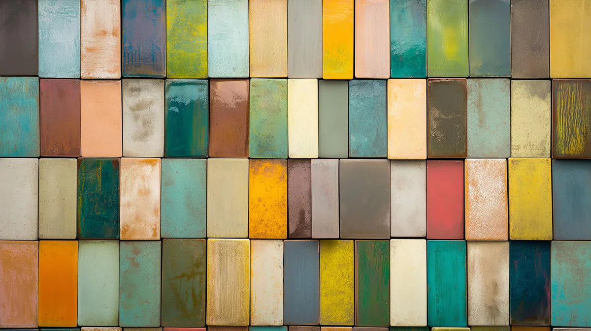 Multicolor Ceramic Tile Mural Wallpaper — Artistic Geometric Design Mural Wallpaper - room preview 02