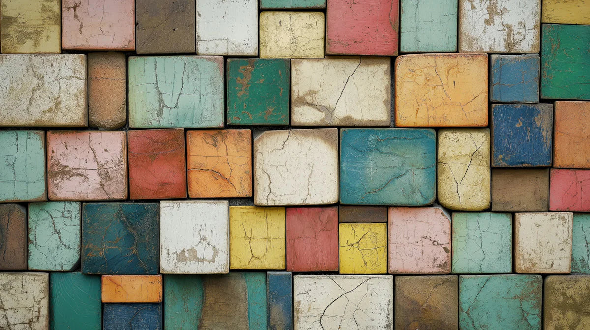 Rustic Painted Block Mosaic Mural Wallpaper — Multi-Colored Mural Wallpaper - room preview 02