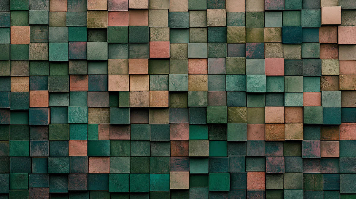 3D Geometric Wood Block Mural Wallpaper in Muted Forest Tones Mural Wallpaper - room preview 02
