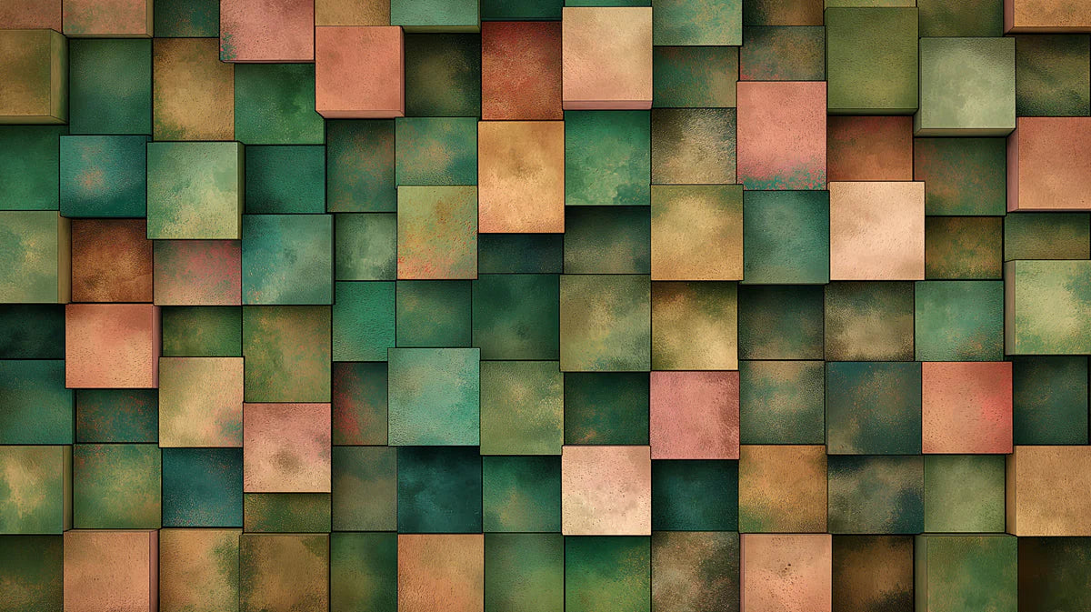 Industrial Geometric Cubes Mural Wallpaper — Aged Bronze Finish Mural Wallpaper - room preview 02