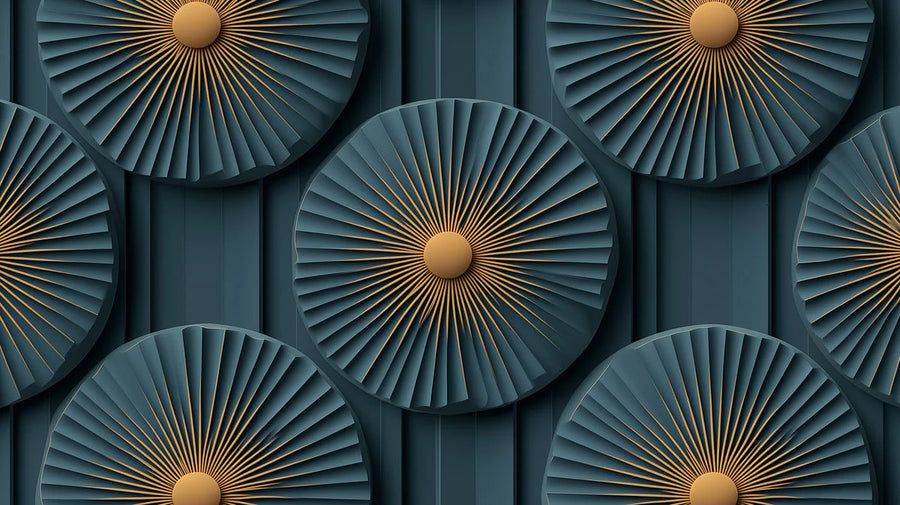 Abstract Wallpaper Mural – Modern Art Wall Mural – Art Deco Fan in Teal and Ochre Gold printable artwork