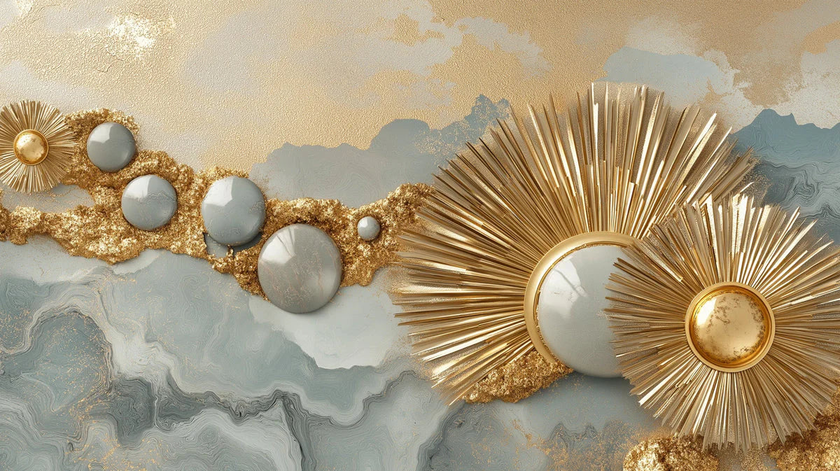 Sunburst Geometric Mural Wallpaper — Modern Gold and Gray Abstract Mural Wallpaper - room preview 02