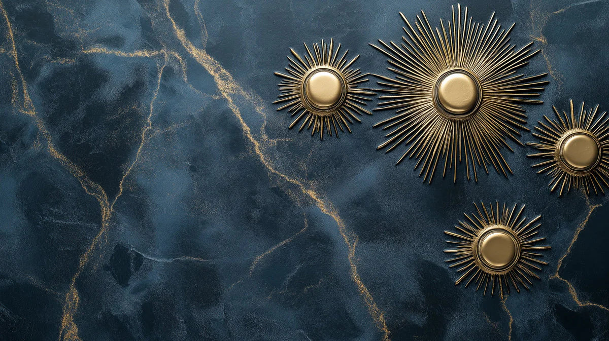 Sunburst Marble Mural Wallpaper — Navy and Gold Celestial Design Mural Wallpaper - room preview 02