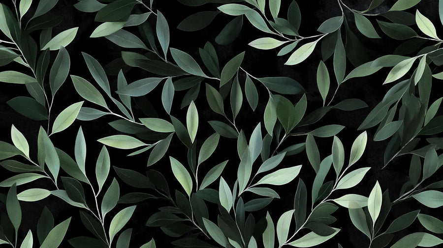 Botanische Blätter-Fototapete — Düstergrünes Laub auf schwarzer Fototapete printable artwork