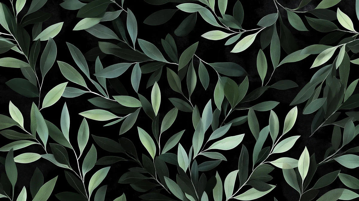 Botanical Leaf Mural Wallpaper — Moody Green Foliage on Black Mural Wallpaper - room preview 02