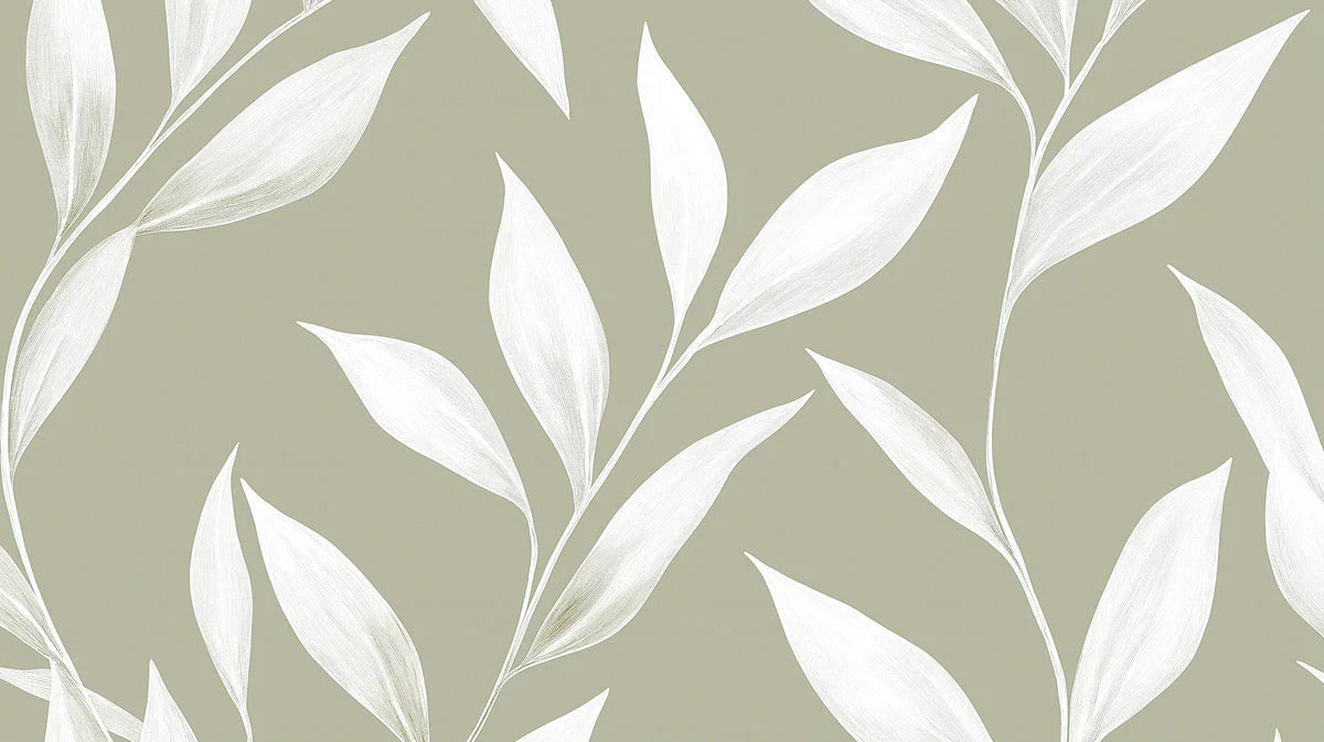 Minimalist Sage Green and White Leaf Mural Wallpaper - room preview 02