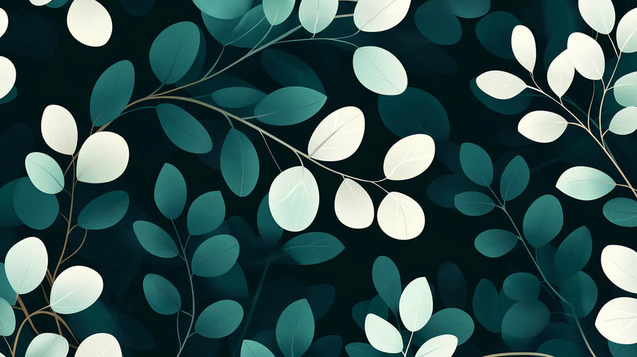 Eukalyptusblatt-Fototapete – Wandbildtapete mit botanischem Design in dunklem Petrol printable artwork