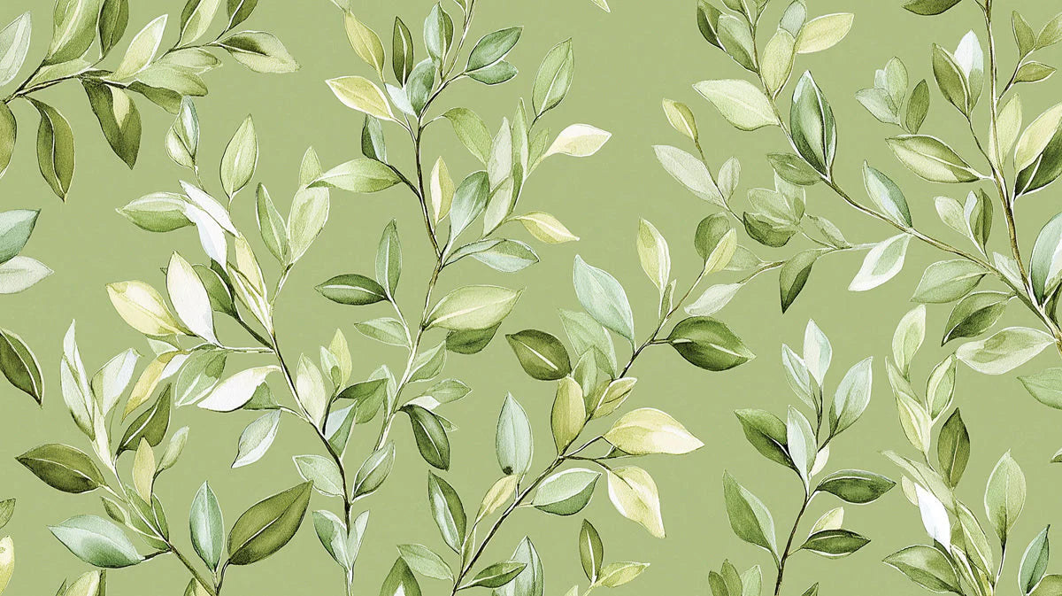 Watercolor Botanical Leaf Mural Wallpaper — Soft Sage Green Mural Wallpaper - room preview 02