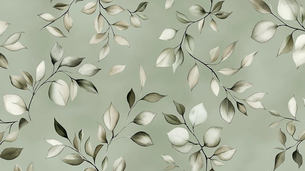 Muted Sage Botanical Leaf Mural Wallpaper — Modern Minimalist Mural Wallpaper - room preview 02