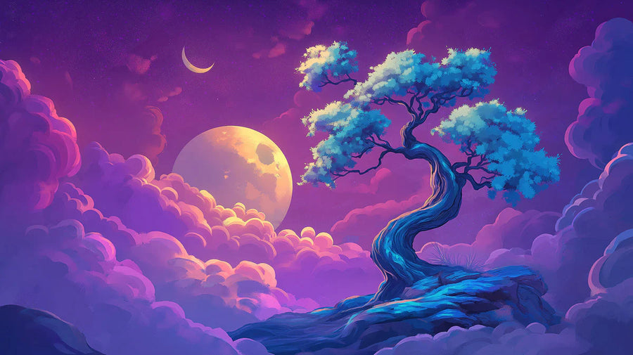 Himmels-Bonsai-Himmel-Wandbild-Tapete — Skurrile Nachthimmel-Wandbild-Tapete printable artwork