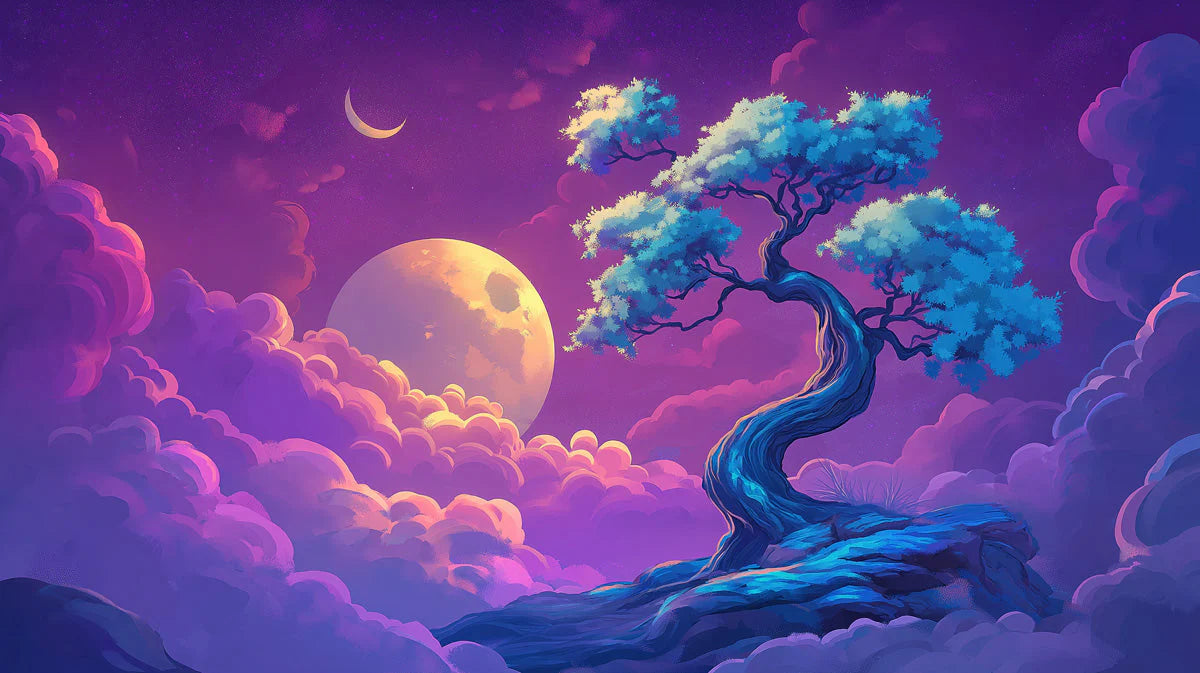 Celestial Bonsai Sky Mural Wallpaper — Whimsical Nightscape Mural Wallpaper - room preview 02