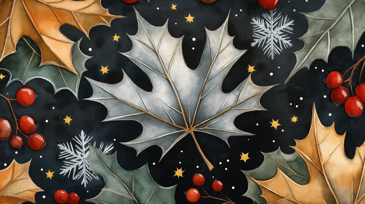Winter Botanical Mural Wallpaper — Festive Midnight Leaf Pattern Mural Wallpaper - room preview 02