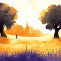 Autumn Meadow Landscape Mural Wallpaper — Painterly Rustic Motif Mural Wallpaper - room preview 02