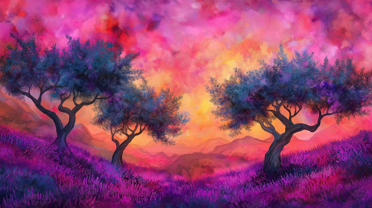 Fiery Sunset Landscape Mural Wallpaper — Painterly Artistic Scene Mural Wallpaper - room preview 02