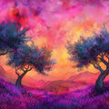 Fiery Sunset Landscape Mural Wallpaper — Painterly Artistic Scene Mural Wallpaper - room preview 02