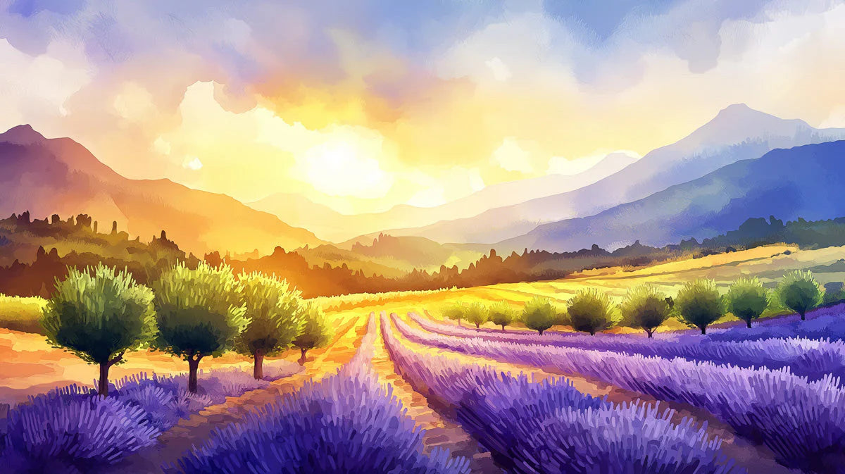 Sunlit Lavender Field Landscape Mural Wallpaper - room preview 02