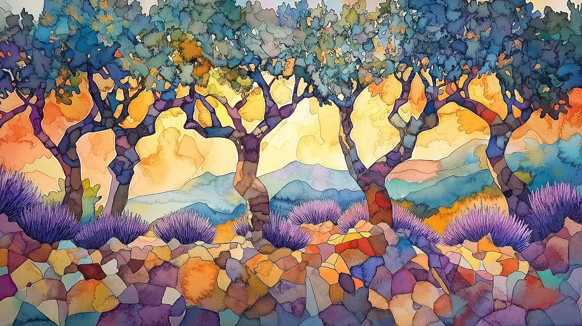Abstract Watercolor Mediterranean Tree Mural Wallpaper - room preview 02