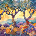 Abstract Watercolor Mediterranean Tree Mural Wallpaper - room preview 02