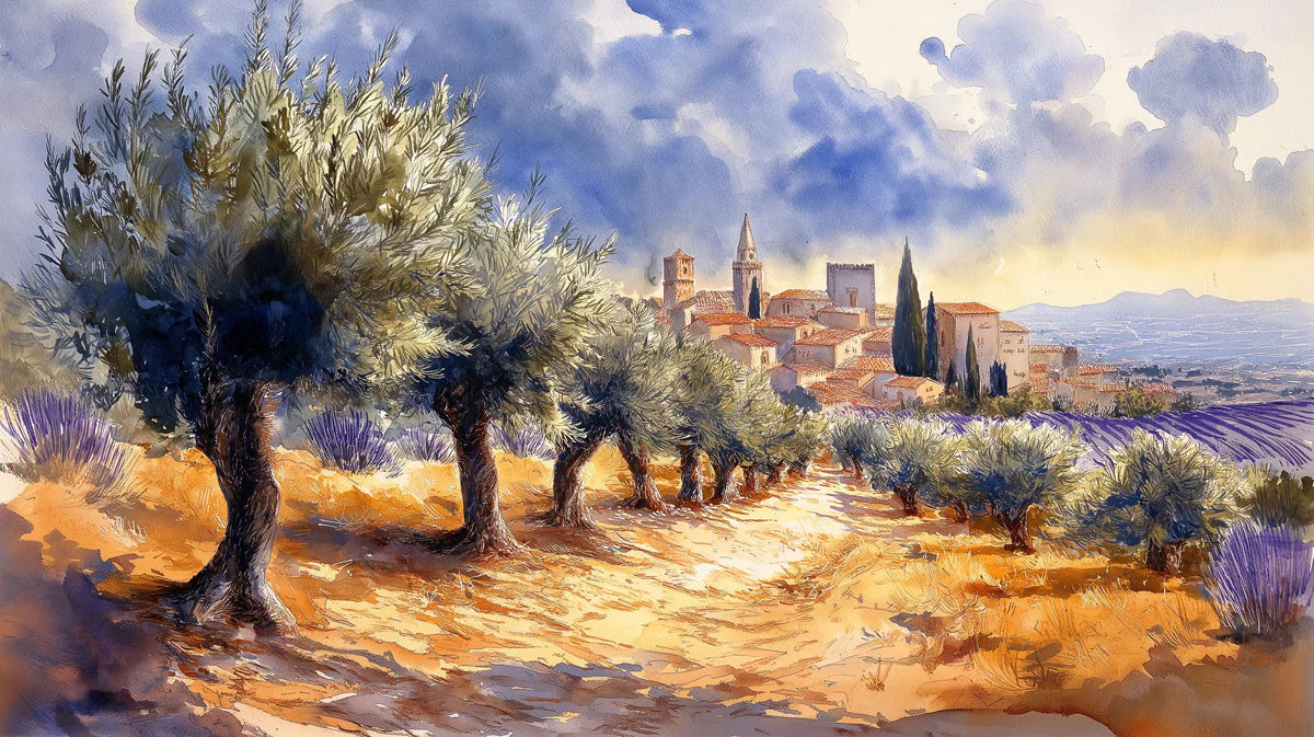 Mediterranean Village Landscape Mural Wallpaper — Watercolor Art Mural Wallpaper - room preview 02