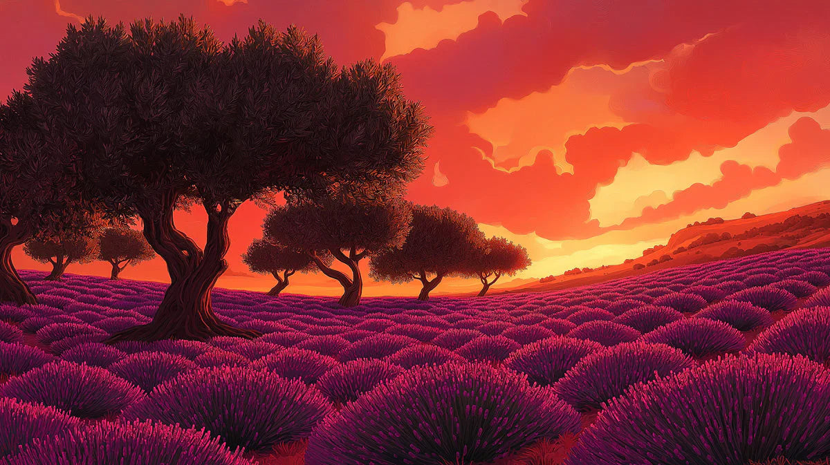 Mediterranean Lavender Sunset Mural Wallpaper — Warm Impressionistic Mural Wallpaper - room preview 02