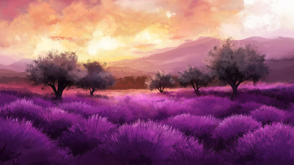 Purple Lavender Field Landscape Mural Wallpaper — Painterly Sunset Mural Wallpaper - room preview 02