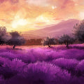Purple Lavender Field Landscape Mural Wallpaper — Painterly Sunset Mural Wallpaper - room preview 02