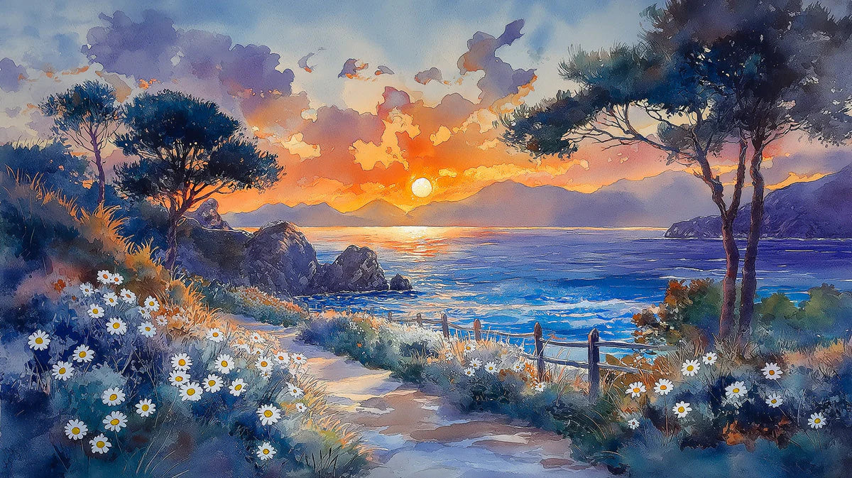 Coastal Sunset Meadow Mural Wallpaper — Artistic Horizon Scene Mural Wallpaper - room preview 02
