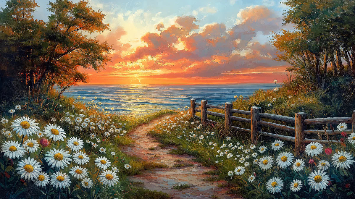 Coastal Daisy Field Sunset Mural Wallpaper —Oil Painting Style Mural Wallpaper - room preview 02