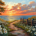 Coastal Daisy Field Sunset Mural Wallpaper —Oil Painting Style Mural Wallpaper - room preview 02