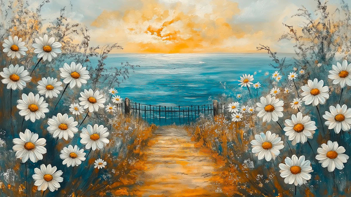 Coastal Daisy Field Mural Wallpaper — Impressionistic Sunset Art Mural Wallpaper - room preview 02