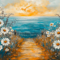 Coastal Daisy Field Mural Wallpaper — Impressionistic Sunset Art Mural Wallpaper - room preview 02