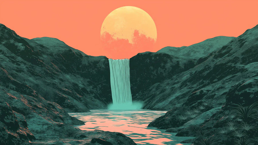 Nature Wallpaper Mural – Natural Wall Mural – Sunset Waterfall Landscape — Modern Nature Art printable artwork