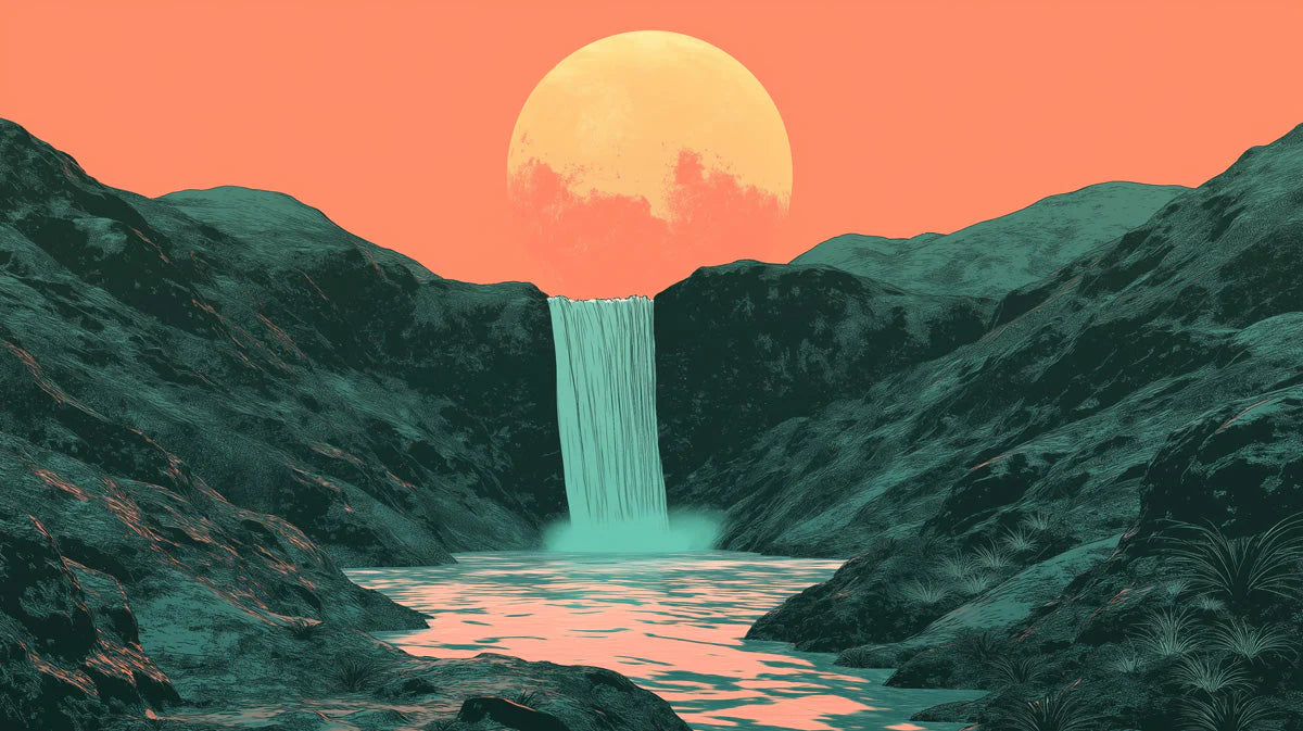 Sunset Waterfall Landscape Mural Wallpaper — Modern Nature Art Mural Wallpaper - room preview 02