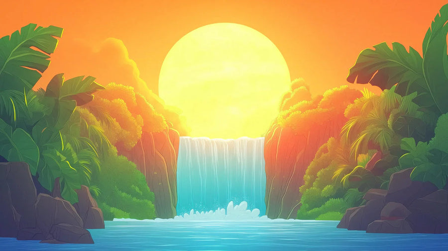 Maximalist Wallpaper Mural – Bold Colorful Wall Mural – Tropical Waterfall Sunset —Vibrant Nature Scene printable artwork
