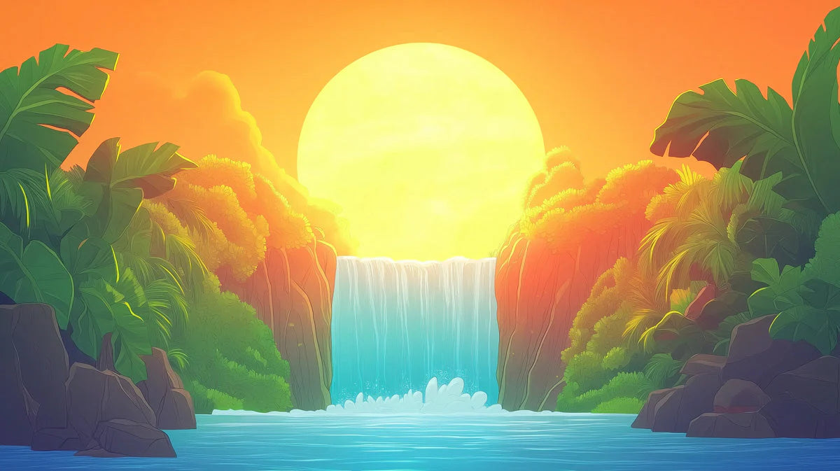 Tropical Waterfall Sunset Mural Wallpaper —Vibrant Nature Scene Mural Wallpaper - room preview 02