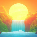 Tropical Waterfall Sunset Mural Wallpaper —Vibrant Nature Scene Mural Wallpaper - room preview 02