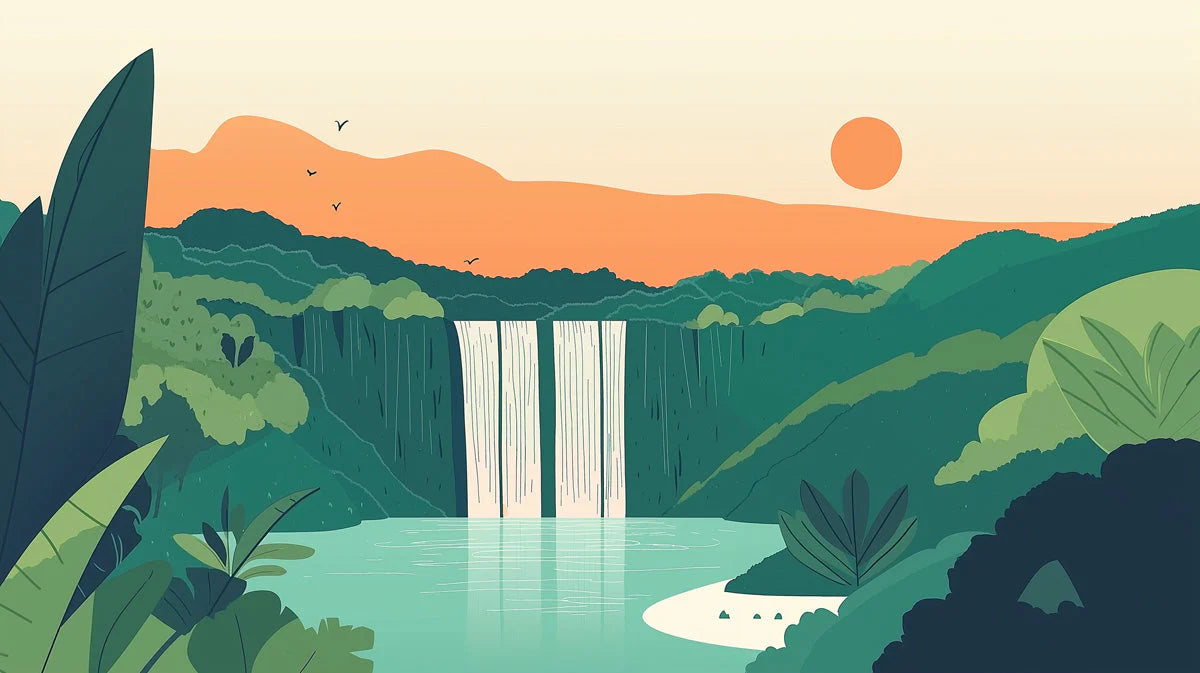 Abstract Waterfall and Sunset Mural Wallpaper in Forest Tones Mural Wallpaper - room preview 02