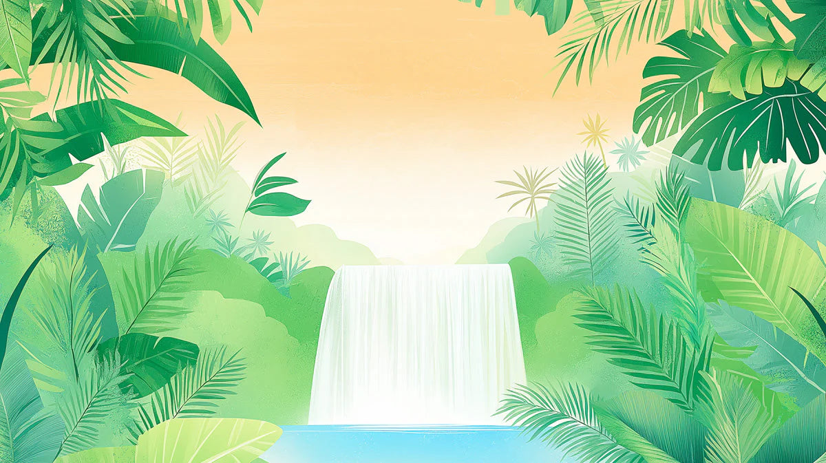 Sunlit Jungle Waterfall Mural Wallpaper — Soft Tropical Illustration Mural Wallpaper - room preview 02