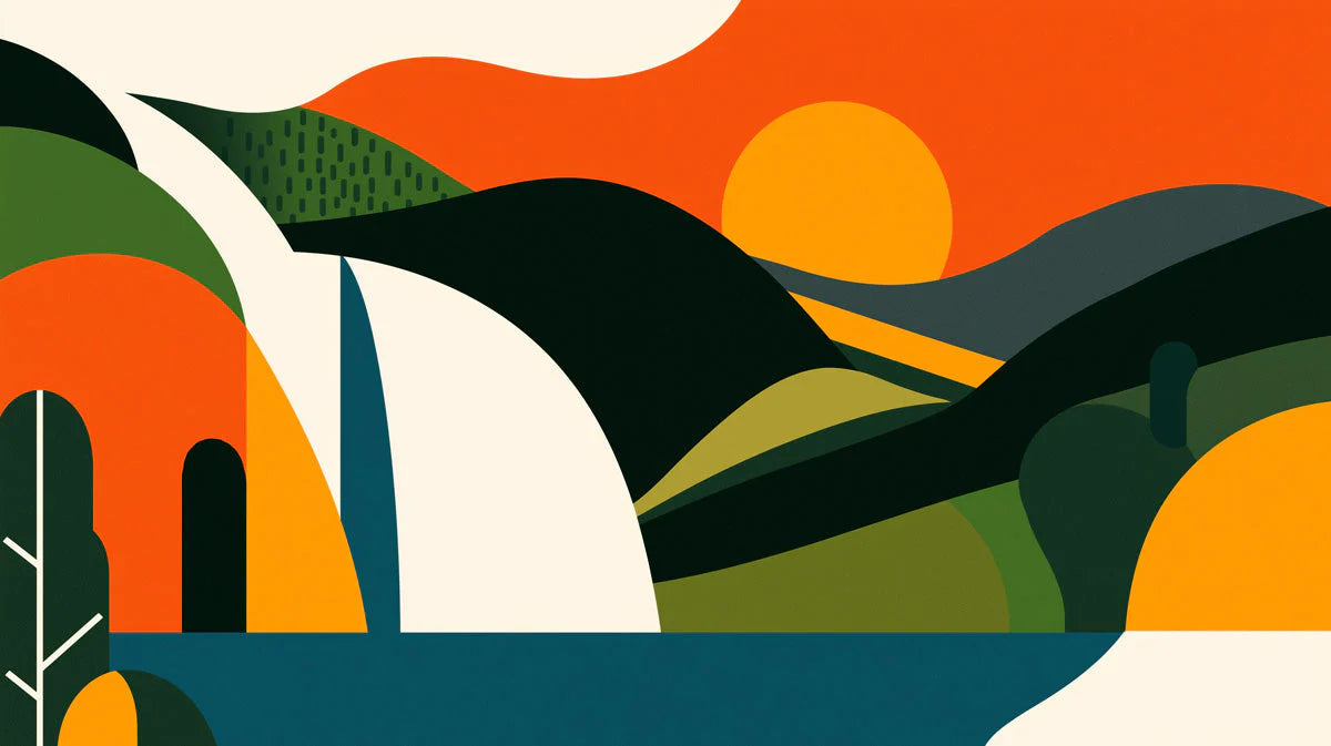 Abstract Sunset Valley Mural Wallpaper — Modern Graphic Art Mural Wallpaper - room preview 02