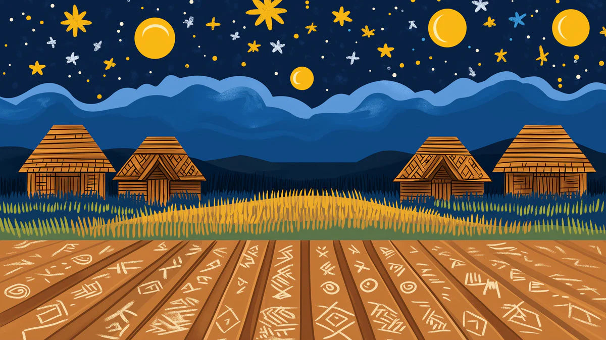 Starry Night Rural Village Mural Wallpaper — Whimsical Illustration Mural Wallpaper - room preview 02