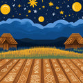 Starry Night Rural Village Mural Wallpaper — Whimsical Illustration Mural Wallpaper - room preview 02