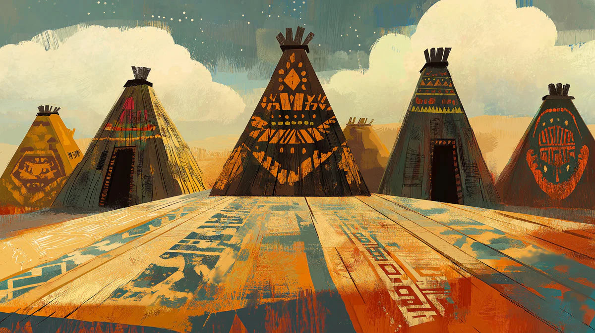 Nomadic Teepee Desert Scene Mural Wallpaper — Artistic Pattern Mural Wallpaper - room preview 02