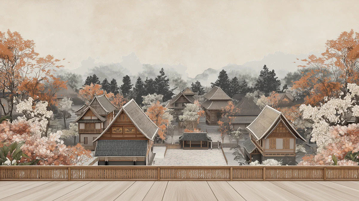 Traditional Asian Village Mural Wallpaper — Muted Earthy Landscape Mural Wallpaper - room preview 02