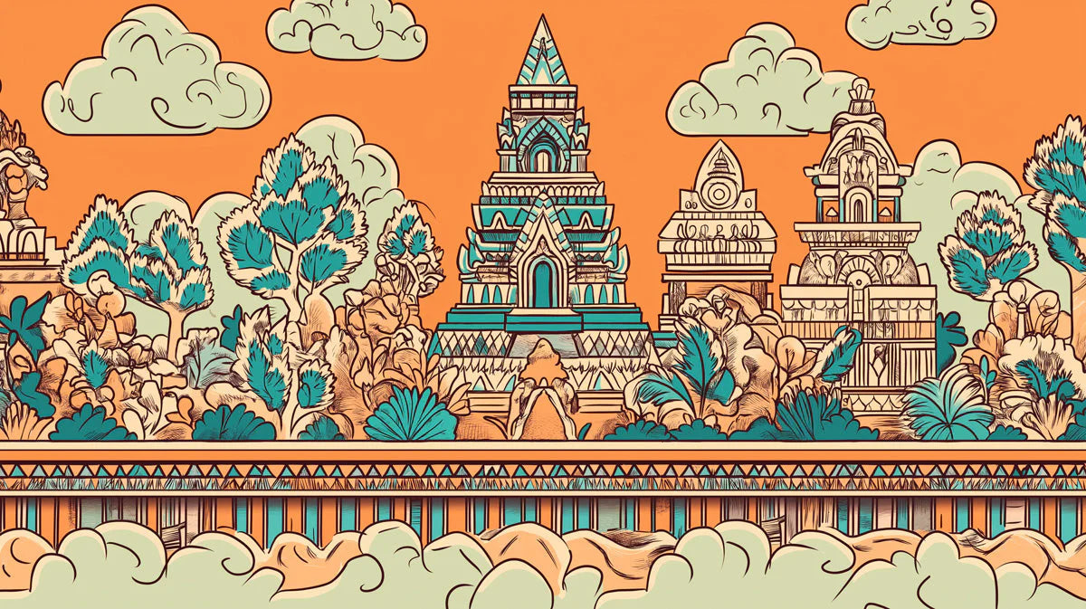 Ancient Temple Complex Mural Wallpaper — Vibrant Heritage Art Mural Wallpaper - room preview 02