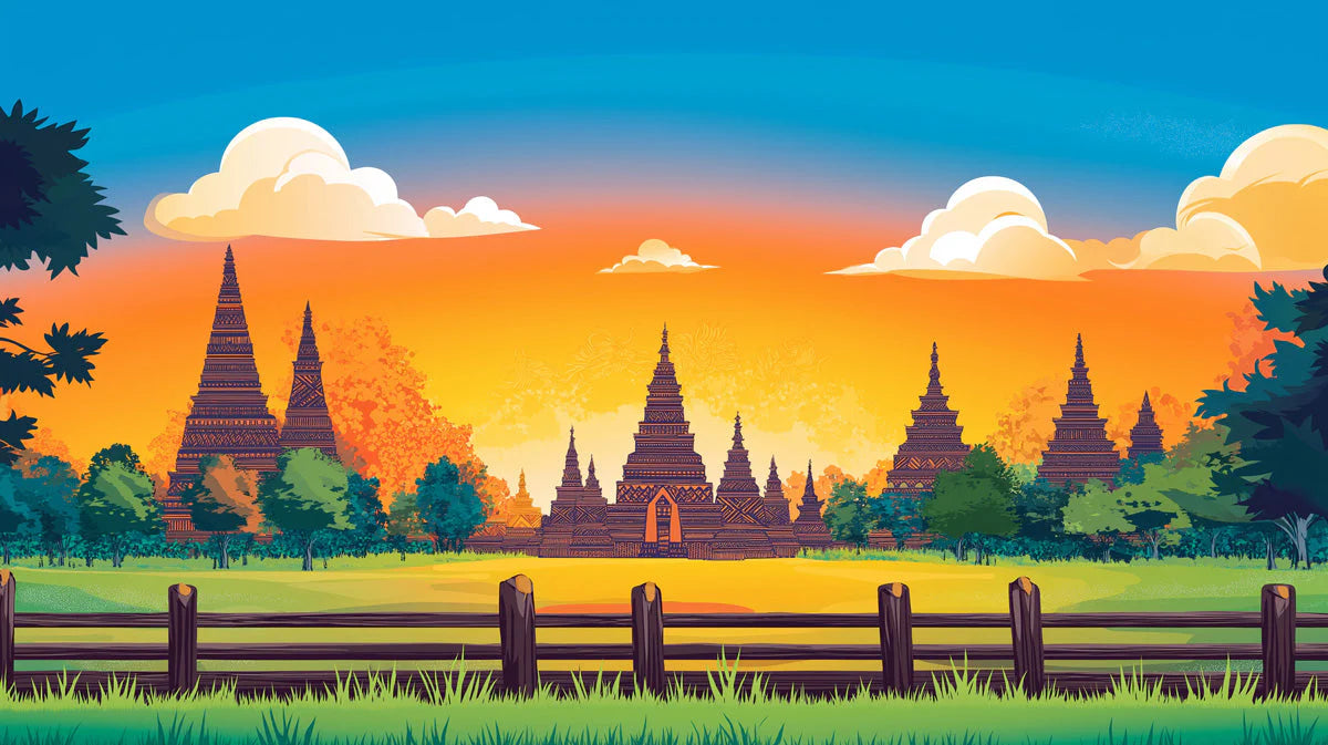 Pagoda Horizon Mural Wallpaper — Vibrant Sunset Landscape Mural Wallpaper - room preview 02