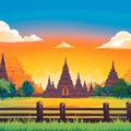 Pagoda Horizon Mural Wallpaper — Vibrant Sunset Landscape Mural Wallpaper - room preview 02