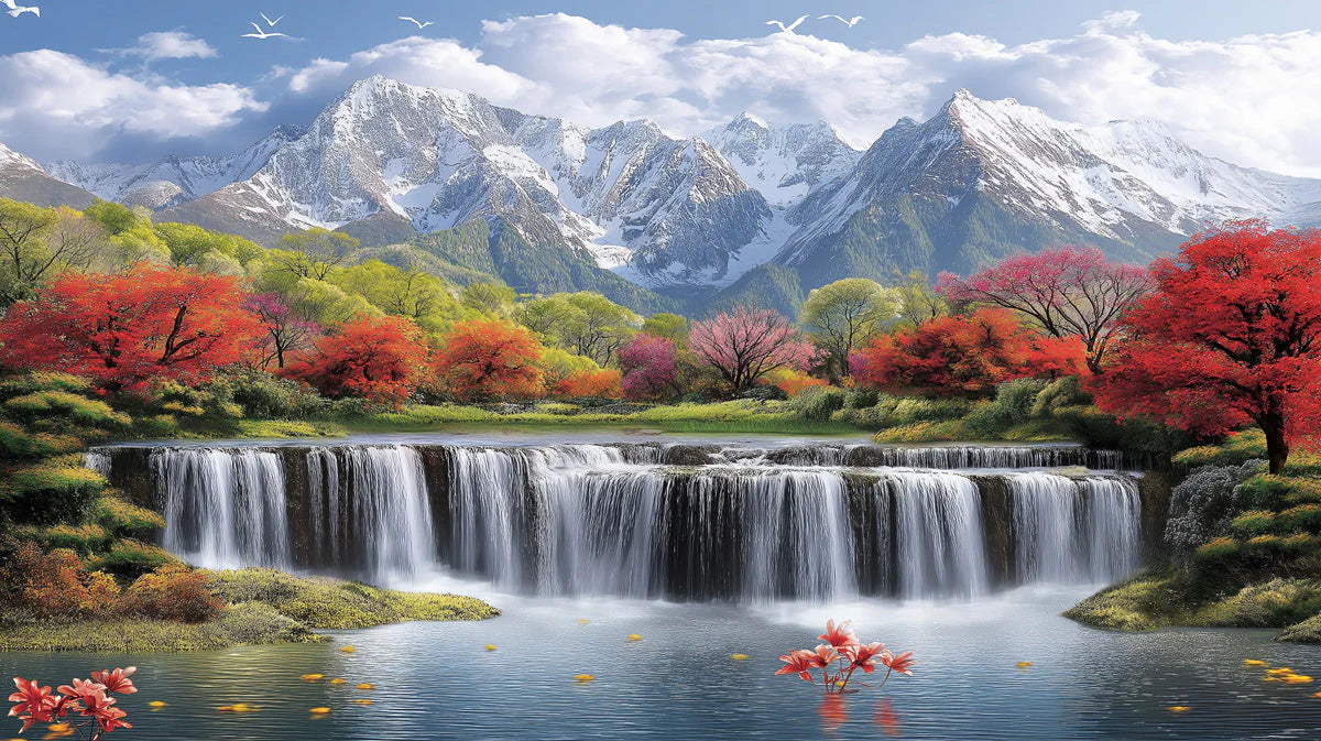 Snowy Mountain Waterfall Mural Wallpaper with Autumn Forest Foliage Mural Wallpaper - room preview 02